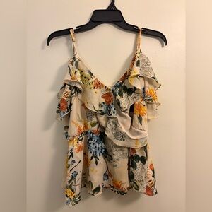 Floral Ruffle Blouse - Cream, Orange, Green, Blue